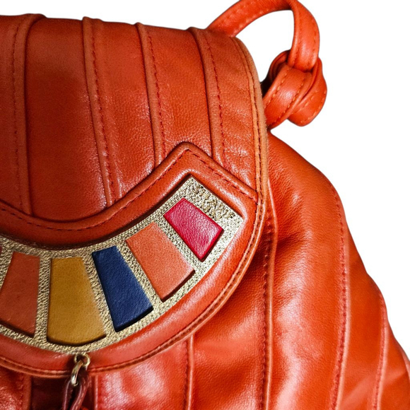 Vtg 80s/90s Sharif 1827 Shoulder Bag Pleated Orange Leather Tassel Metal Accents - Picture 6 of 7
